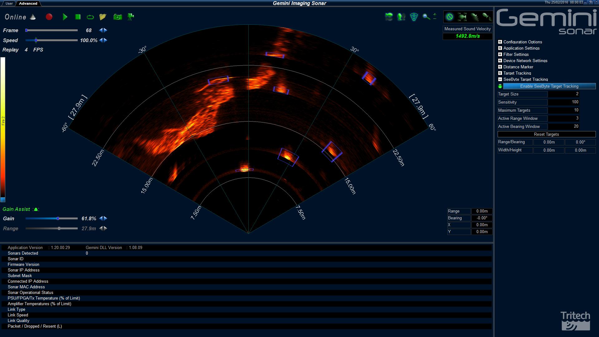 Max link speed. TRITECH Gemini. TRITECH Sonar. Target track. TRITECH гидролокатор Gemini 620p.