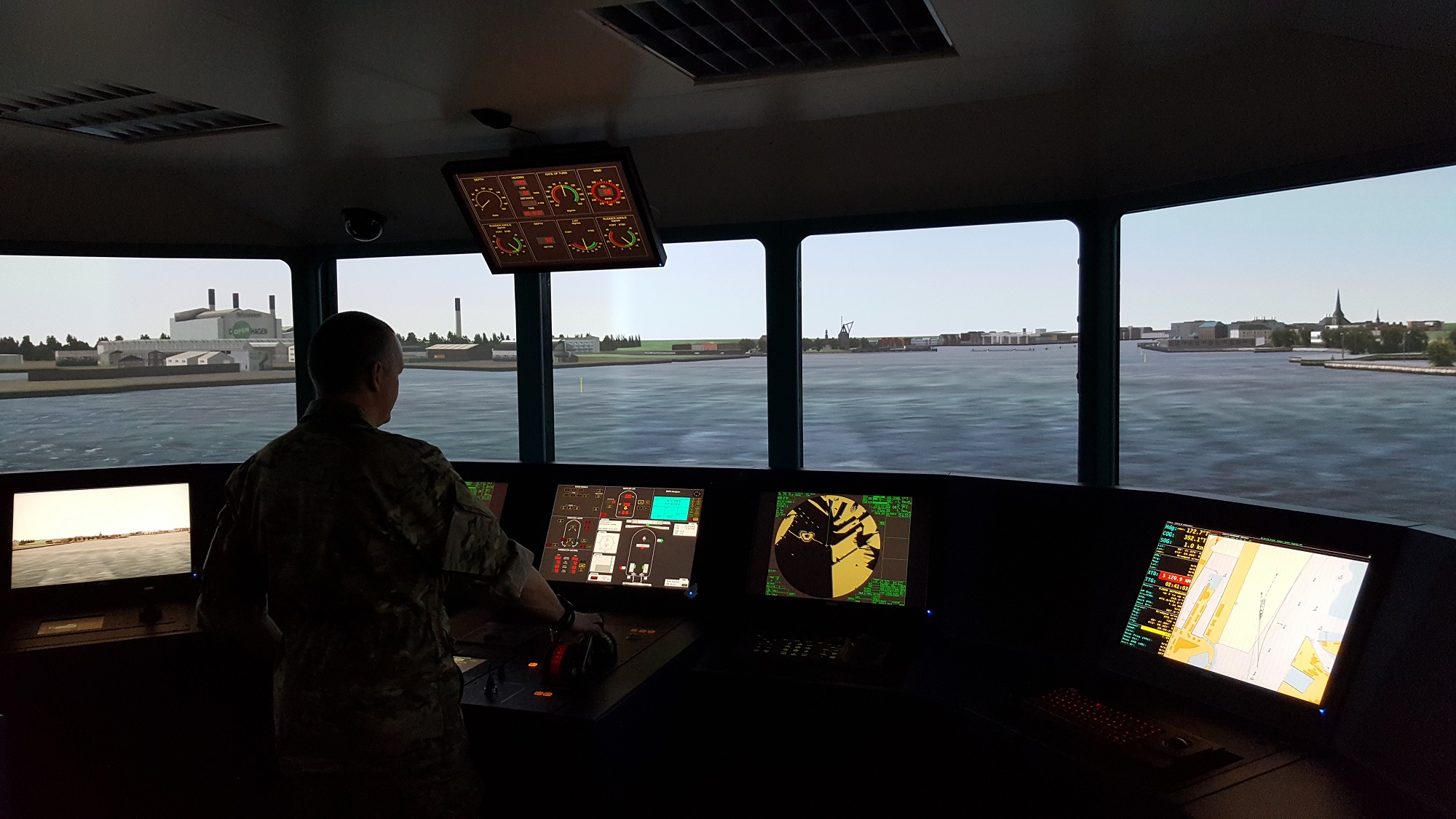 Handling simulator. Kongsberg Maritime. Ship handling Simulator. Ship Bridge.